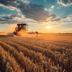 Fototapeta premium Combine harvester working in wheat field, sunset
