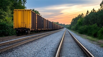 Fototapeta premium Freight train passing through a picturesque rural landscape at sunset : Generative AI