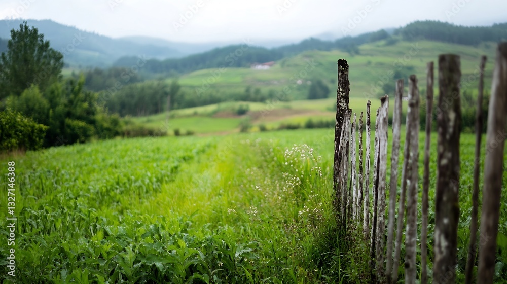 Poster Fenced Green Fields Stretching Towards Rolling Hills Under a Cloudy Sky : Generative AI