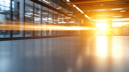 A sunbeam shines through a modern, open space, creating a warm and inviting atmosphere with a sleek, polished floor.