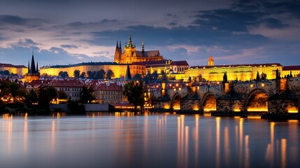 Fototapeta premium The iconic Prague Castle at dusk, lit up against the evening sky, with the Charles Bridge in the foreground.