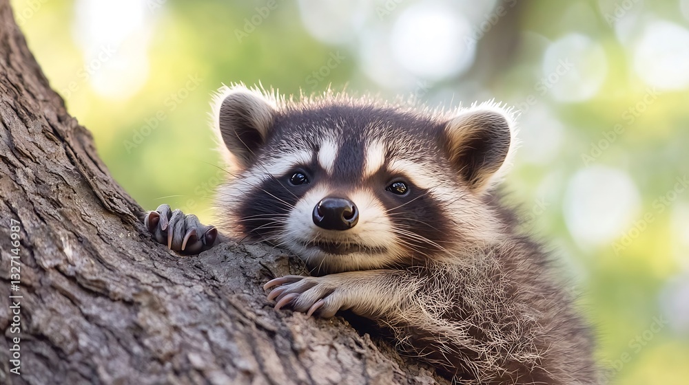 Poster cute raccoon relaxing on a tree branch surrounded by natural green background : generative ai