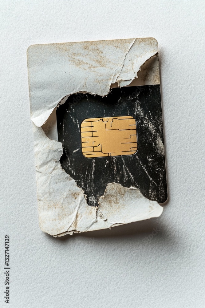 Aufkleber a broken sim card sitting on a piece of paper, useful for illustrating technology or communication c