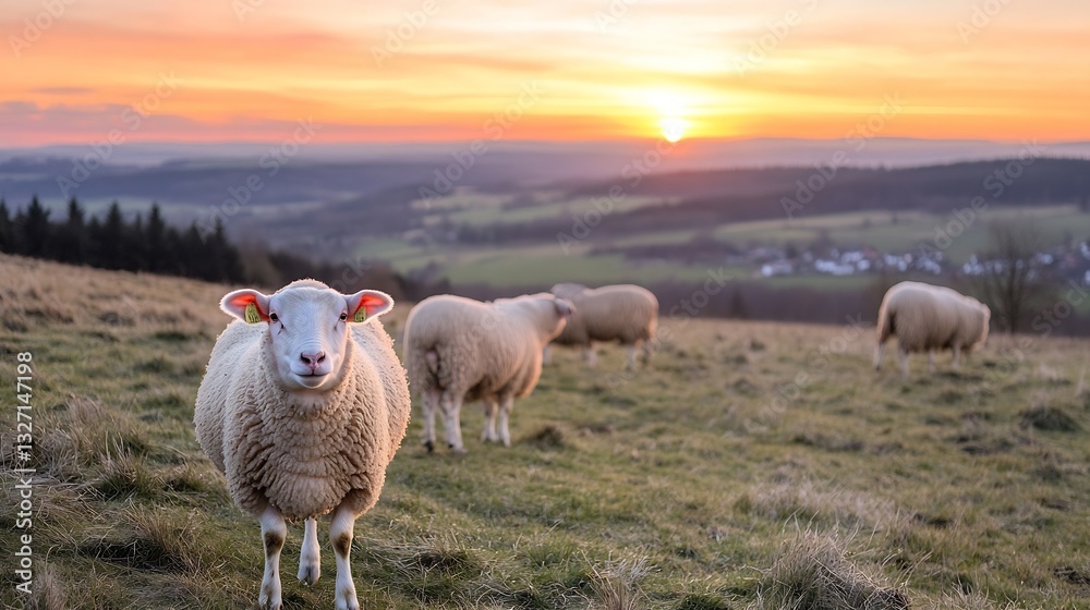 Poster Group of sheep grazing in a meadow during sunset with a beautiful landscape and soft warm light creating a peaceful scene : Generative AI