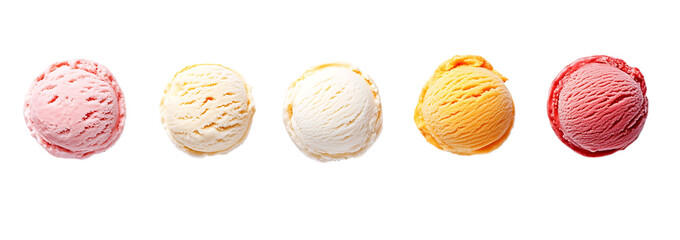 Five different flavors of ice cream scoops in a row on a white background Generative AI.