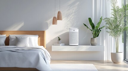 A sleek white shelf holds a smart air purifier in a modern minimalist bedroom, enhancing comfort and air quality.