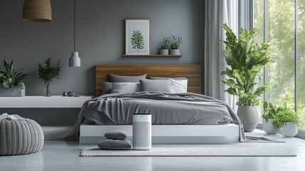 Sleek white shelf in a modern minimalist bedroom featuring a smart air purifier, enhancing comfort and air quality.