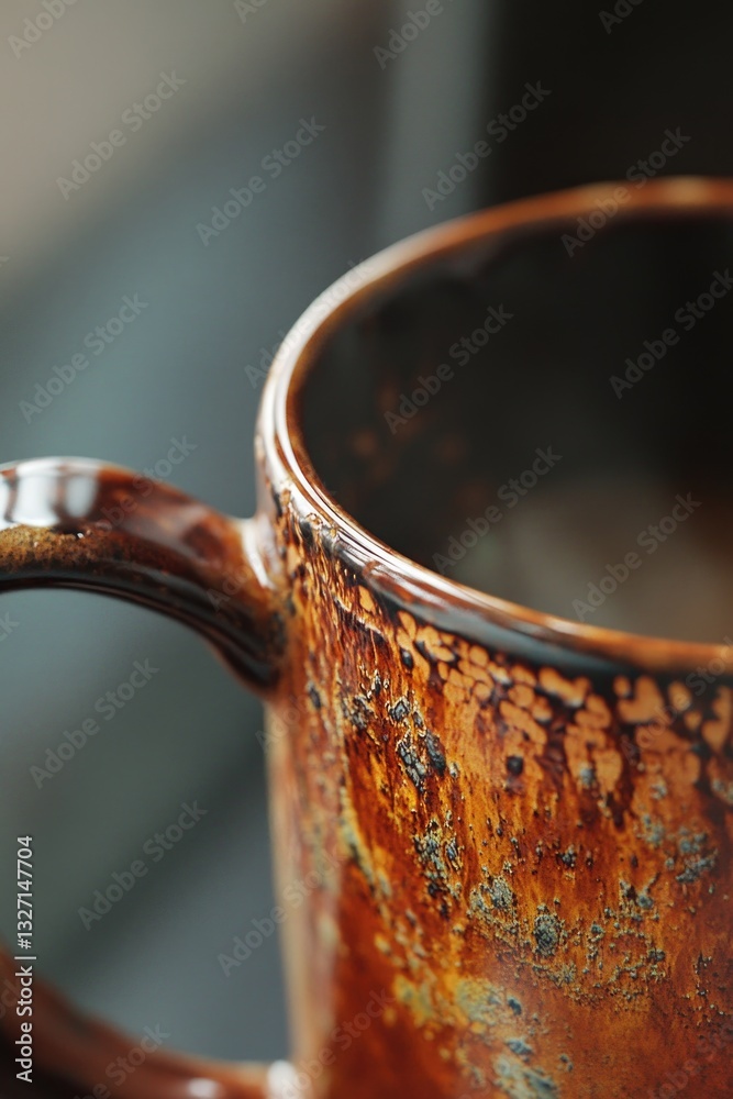 Poster a close-up view of a heavily rusted cup on a table, with a worn-out appearance