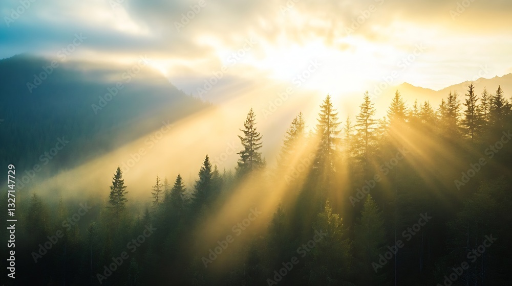 Poster breathtaking sunrise over misty forest with beams of sunlight illuminating pine trees : generative a