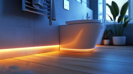 Integrated into the bathroom baseboards, a motion-sensing LED nightlight provides a soft glow at night.