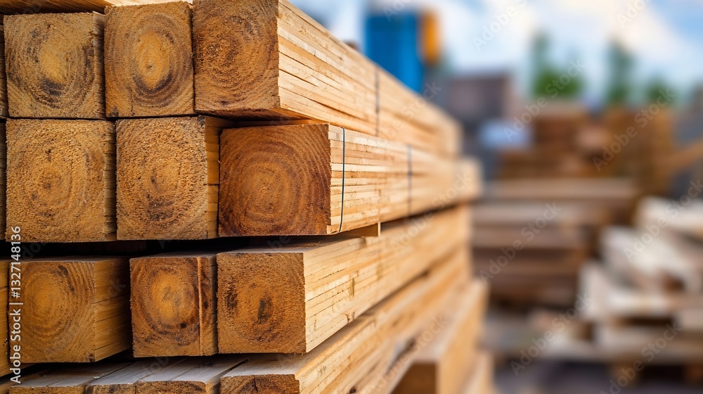 Aufkleber closeup view of neatly stacked timber showcasing rich warm wood tones stacked in a construction yard