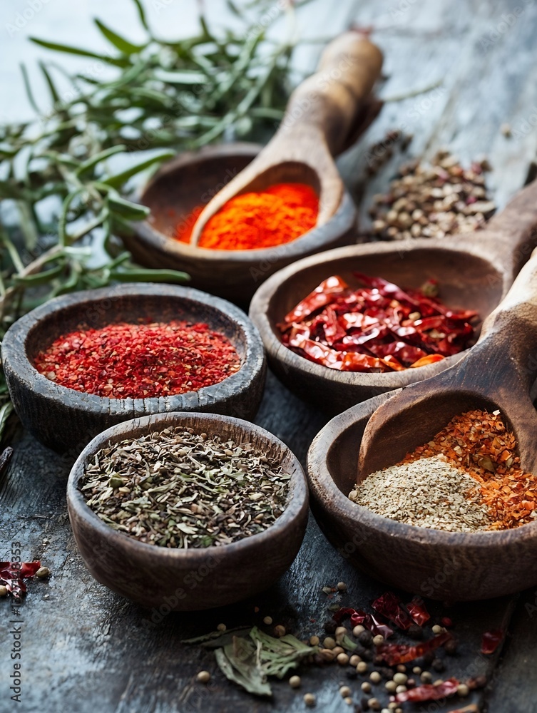 Poster artisan spices displayed in rustic wooden bowls surrounded by fresh herbs on a wooden table : genera