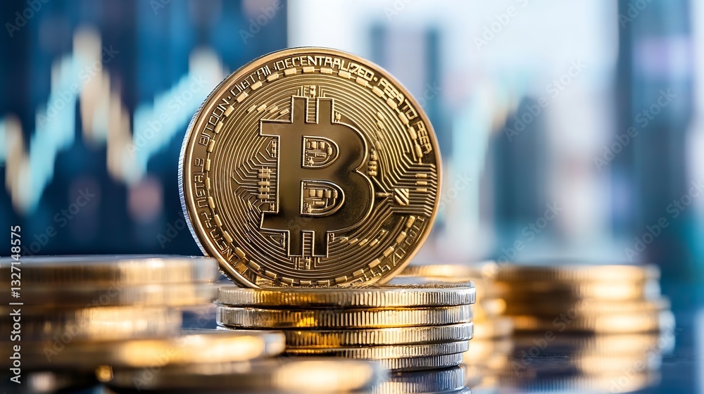Aufkleber Closeup of Golden Bitcoin Coin with Digital Chart in Background Representing Cryptocurrency Investment : Generative AI