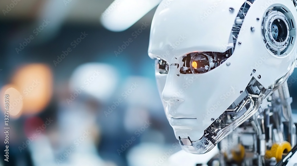 Poster futuristic humanlike robot with metallic features and led eye : generative ai