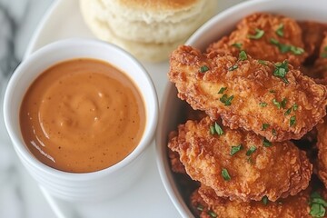 Crispy golden chicken tenders served with creamy dipping sauce and biscuit on white plate delicious food photography