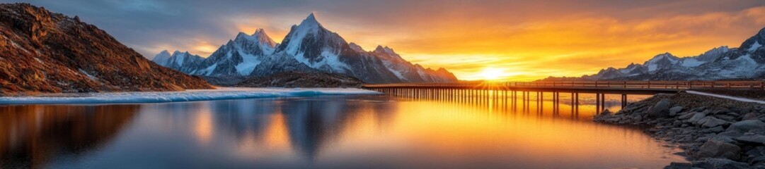 Fototapeta premium Breathtaking sunset over a snow-capped mountain range with a bridge in the foreground. Generative AI