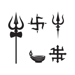 hindu religious and spiritual symbol vector icon set  om trishul diya fleur de lis namaste design illustrations