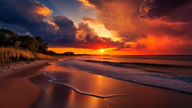 beautiful seascape with gradient sky twilight time orange blue hue, gentle wave clashing on beach with sunset sky
