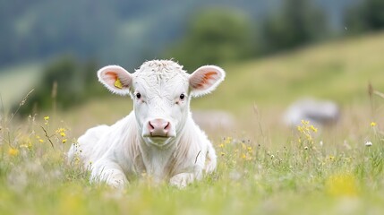 Fototapeta premium Adorable young calf relaxing in a green meadow surrounded by flowers on a sunny day : Generative AI