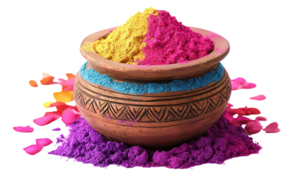 Holi colors or powder in traditional pot isolated on transparent background, PNG