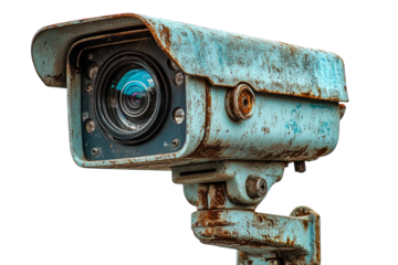Rusty old blue security camera on clear background