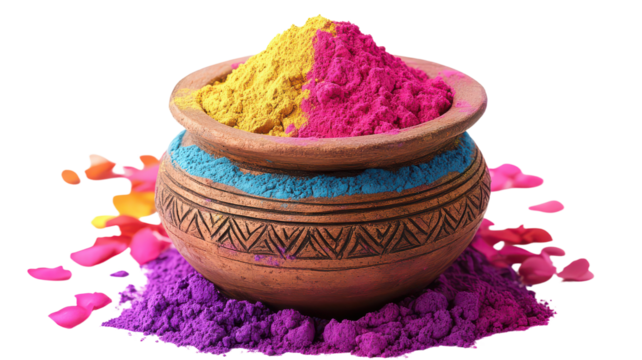 Holi colors or powder in traditional pot isolated on transparent background, PNG