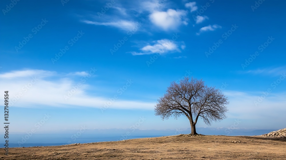 Poster barren tree standing alone on a hillside under a bright blue sky during a sunny day : generative ai