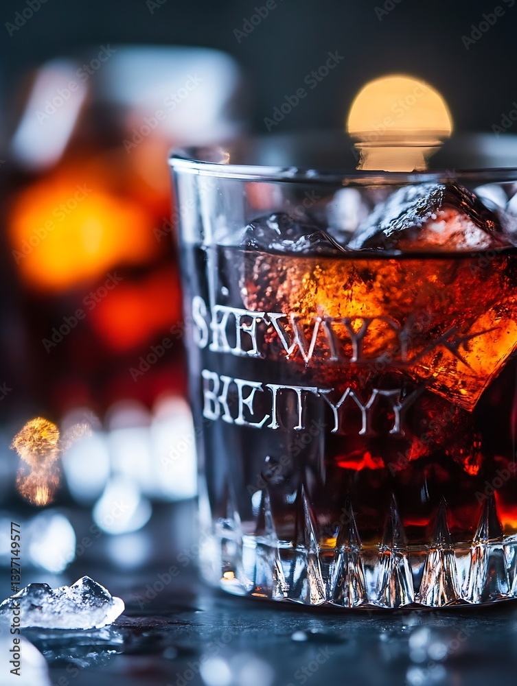 Poster refreshing iced beverage served in a crystal glass with icebergs and a blurred background of nightli