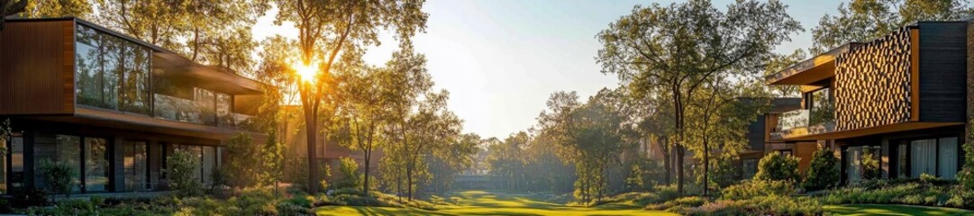 Fototapeta premium A beautiful green neighborhood with eco-friendly homes and lush trees during sunset. Generative AI