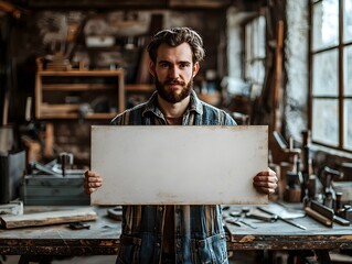 A Mechanic Holding a Blank Cardboard Sign in a Cluttered Workshop with Tools and Car Parts