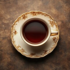 Elegant tea cup with dark tea on a brown textured background creating a warm and inviting atmosphere from above