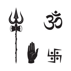 hindu religious and spiritual symbol vector icon set  om trishul diya fleur de lis namaste design illustrations
