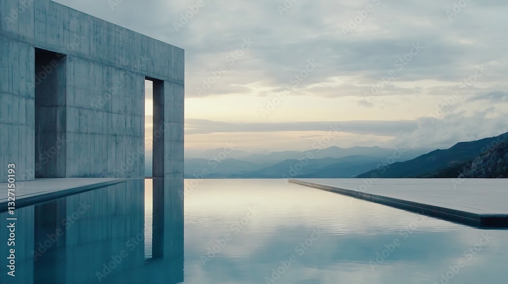 Poster Stunning view of minimalist concrete architecture reflected in serene water surrounded by mountains : Generative AI