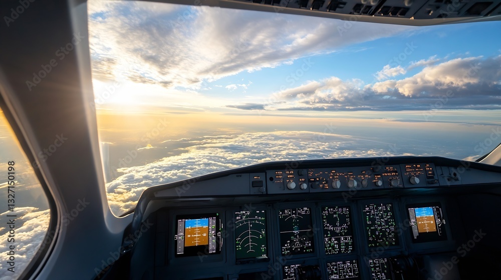 Poster cockpit view of an airplane soaring above the clouds during a breathtaking sunset : generative ai