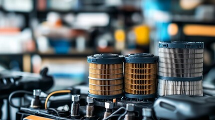 Auto spare parts collection including air filters oil filters spark plugs and oil Service and maintenance essentials