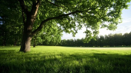 Fototapeta premium Lush green park with a majestic tree casting shade on a vibrant grassy field under clear blue skies : Generative AI