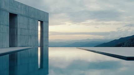 Fototapeta premium Stunning view of minimalist concrete architecture reflected in serene water surrounded by mountains : Generative AI