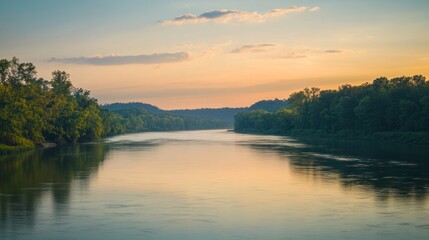 Fototapeta premium Serene Sunset over the River: A Tranquil Landscape