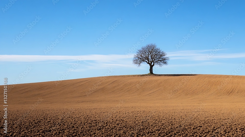 Poster lonely tree standing majestically on a hill against the backdrop of a blue sky : generative ai