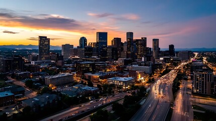 Fototapeta premium Stunning sunset view of a bustling city skyline with vibrant lights in the evening : Generative AI