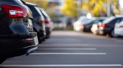 Fototapeta premium Rows of parked cars at a modern urban parking lot shining in daylight : Generative AI