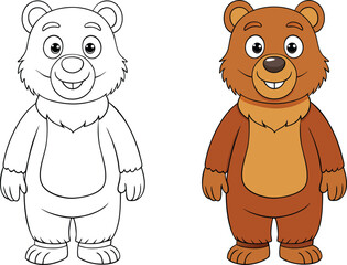 Cartoon Bears in Outline and Colored Versions coloring page vector illustration bears
