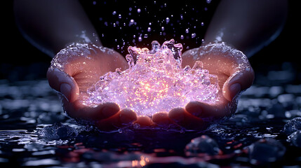 Fototapeta premium Hands Holding Magical Water with Sparkling Light Reflections