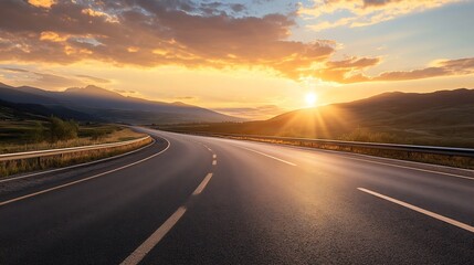 Fototapeta premium Dramatic sunset over a winding road with vibrant colors illuminating the evening sky and landscape : Generative AI