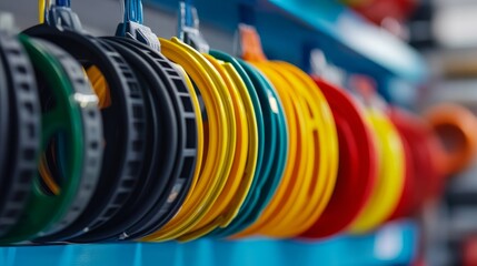 Obraz premium Store shelf for auto and heavy vehicles displaying a variety of colorful rubber gaskets hanging on a blue wall rack Bokeh depth of field effect