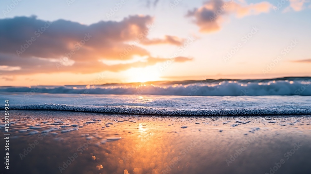 Poster beautiful sunset over calm ocean waves reflecting golden hues creating a serene coastal scene : gene