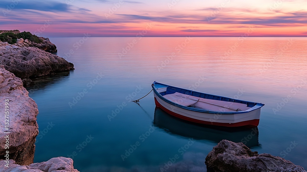Poster calm sunset view over a tranquil sea with a boat gently resting on the water's surface near rocky sh