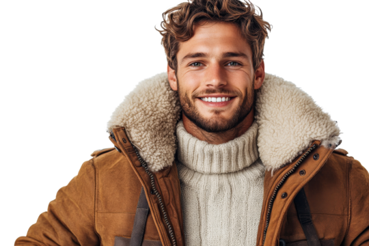 Young man in winter coat with smile on his face