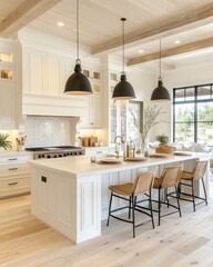 Bright and Airy Kitchen Interior Design with Island Seating and Rustic Wood Beams in a Modern Home