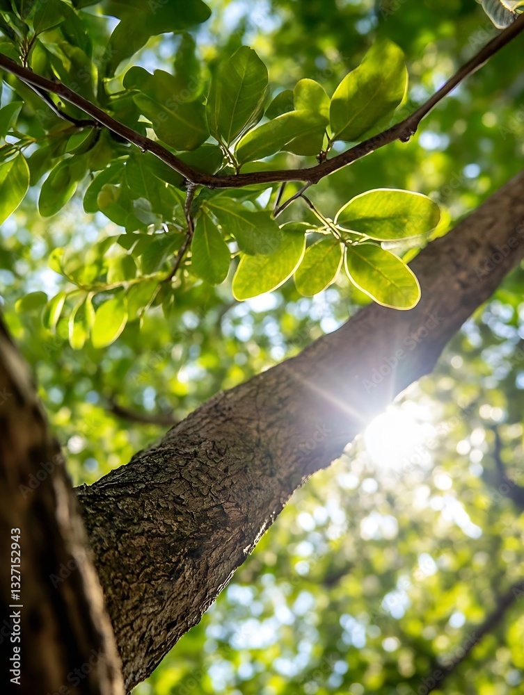 Poster CloseUp View of Sunlight Filtering Through Lush Green Leaves on a Tree Branch : Generative AI
